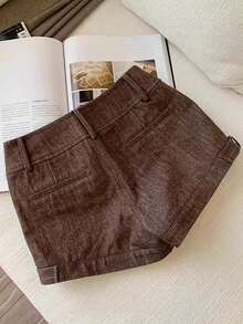 Resyla 女士夏季时尚英伦风纽扣装饰短裤 - 棕色 - 查看 2