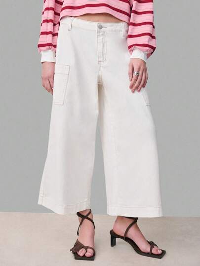 Nöista Pantalón culotte de pierna ancha blanco con cintura media y bolsillos laterales, longitud midi. Corte relajado, para primavera, verano, Pascua, uso casual, pantalón blanco de mezclilla.