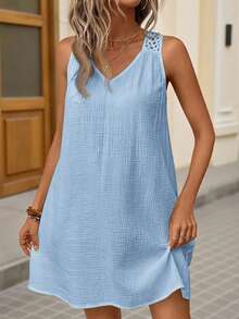 Brillora Summer Boho Solid Hollow Out Black Tank Dress ,Summer Dress - Blue - View 2