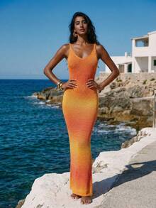 Nevyona Women's Basic Fashion Holiday Summer Beach Gradient Knit Slip Dress - Orange - View 3