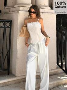 Siren Gaze 2025年春夏新款女士蕾丝边吊带背心，独特简约露脐抹胸上衣 - 杏色 - 查看 7