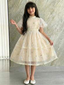 SHEIN Tween Girl Elegant Round Neck Ruffle Sleeve Lace Fabric Dress - Apricot - View 3