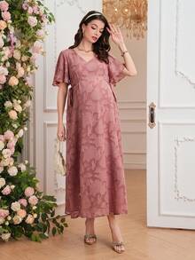 SHEIN Elegant Maternity Jacquard V-Neck Ruffle Sleeve Dress, Summer - Dusty Pink - View 5