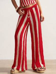 Bohemela Women's Belted Striped Casual Wide Leg Knit Pants - Red - View 3