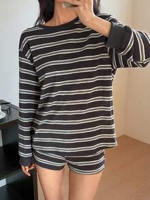 DAZY Conjunto de ropa de estar en casa informal de punto a rayas para mujer - Azul - Ver 4