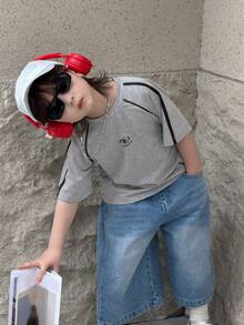 DAZY 男童休闲撞色滚边短袖T恤，夏季 - 灰色 - 查看 7