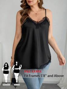 SHEIN Tall CURVE Valentine Plus Size Elegant Lace Trim Asymmetric Hem Camisole Top, Summer, Lace Trim Top, Lacey Top, Irregular Hem Design, Lace Patchwork, Summer For Women, Carnival, Party, Beach, Black Top - Black - View 8