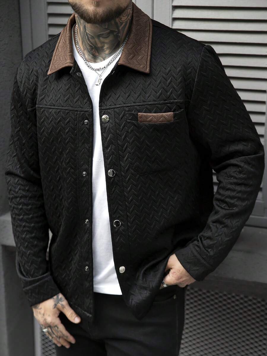 Manfinity Homme 男士夹克，男士休闲纯色夹克，白色男士纽扣夹克，适合春秋季穿着，男士休闲工装口袋纯白色纹理衬衫夹克，休闲简约风格，都市成熟风格，英伦绅士风格，意式优雅风格，男士衬衫夹克 - 彩色 - 查看 1