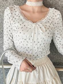 FRIFUL 女士撞色蕾丝碎花系带长袖T恤 - 白色 - 查看 2