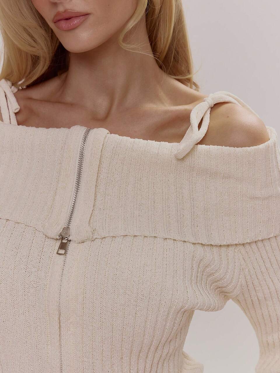Off The Shoulder Fold Over Bow Detail Zip Through Fitted Ribbed Knit Jumper Cute Girly Sexy Spring Winter Going Out Daily Sugar Swizzle