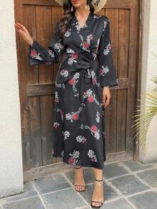 DAZY Damen Kleid mit V-Ausschnitt, tailliert, Langarm, Blumendruck, Sommerkleid für Frauen - Schwarz - Übersicht 8
