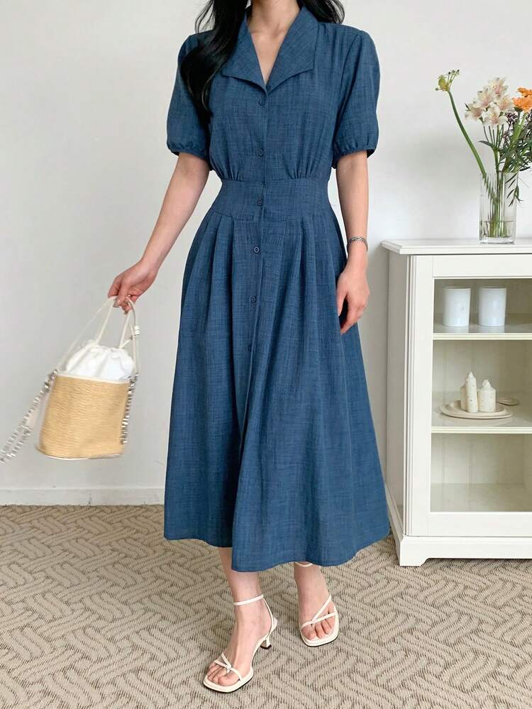 Women's Collared Shirt Dress, Waist Cinched, Short Sleeve, Elegant Mid-Length Sundress