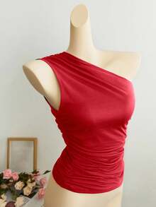 Elamini 杏色褶皱不对称肩部修身上衣，时尚简约休闲优雅百搭，适合日常穿着和通勤，春夏款 - 紅色 - 查看 3