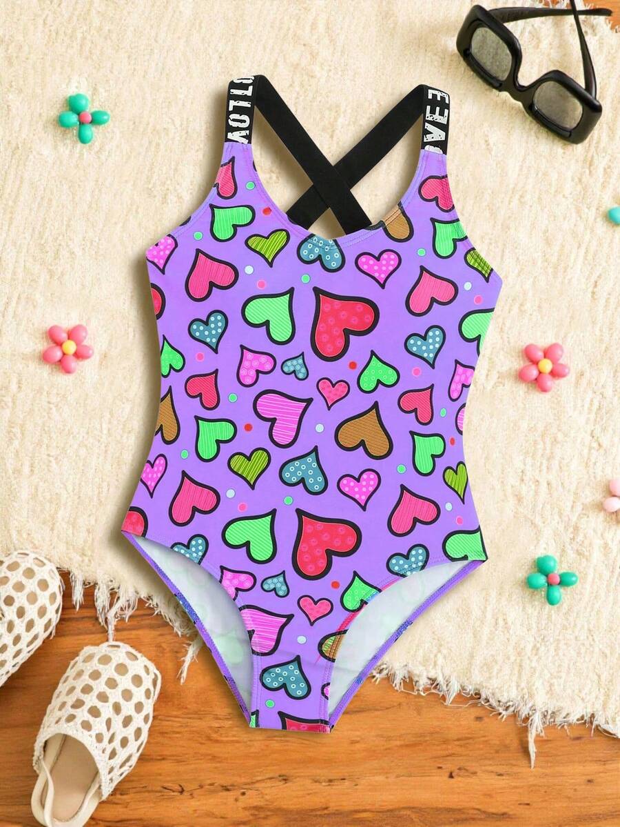 New Fashionable Girls' Colorful Heart One-Piece Swimsuit - Purple - View 1