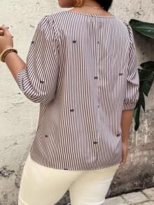 Linhara Blouse élégante de style français à manches mi-longues, avec nœud papillon et rayures, pour grande taille. Top décontracté et de bureau, idéal pour le printemps, l'été et l'automne. Nouveaux hauts élégants et décontractés pour femmes d'été avec blouse rayée - Tabac - Voir 2
