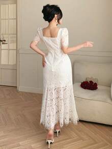 DAZY 女士蕾丝领短袖修身优雅长款连衣裙 - 白色 - 查看 4