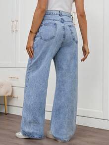 SHEIN 孕妇纯色休闲牛仔裤，春夏情人节嘉年华服装通勤度假毕业时尚Y2K可爱街头风性感派对婚礼优雅商务休闲女装蓝色阔腿牛仔裤，松紧腰牛仔裤，日常穿着 - 藍色 - 查看 3