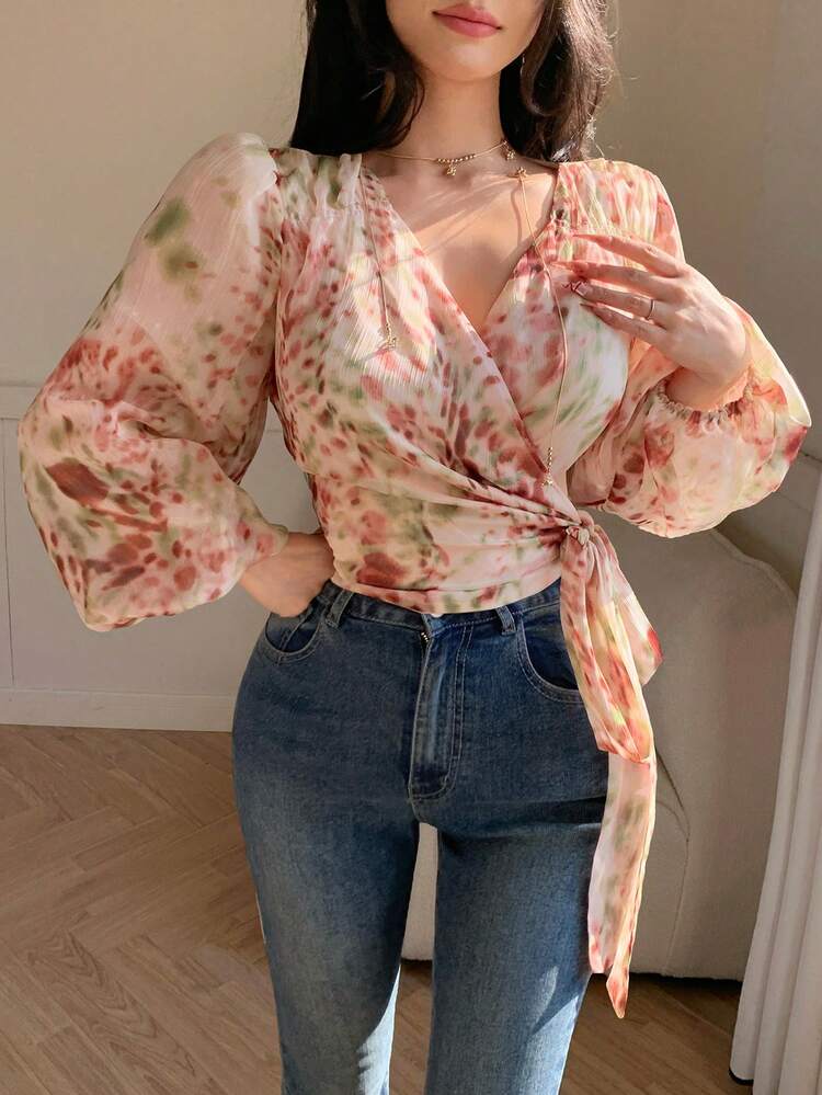 Women's Floral Print Tie Front Lantern Sleeve Elegant Vacation Blouse, Spring/Summer