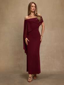 SHEIN BAE Brown Elegant Off-Shoulder Straight Fitted Dress, Suitable For Birthday, Party, Gathering Events, Autumn/Winter Layering Dress, Halloween, Christmas, Elegant Dress - Burgundy - View 3