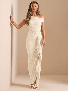SHEIN BAE Solid Color Elegant Green Date & Sage Green Ruffled Neck Tie Sleeve Pleated Ruffle Hem High Slit Asymmetric Shoulder Gathered Dress Luxurious Women's Lace Bodycon Dress, Party Dress, Romantic Date Dress, Bridesmaid Mini Dress, Prom Dress, Birthday Mini Dress - Apricot - View 4