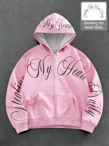 Manfinity EMRG 男士休闲时尚街头字母印花落肩宽松拉链抓绒连帽卫衣，秋冬款 - 彩色 - 查看 1