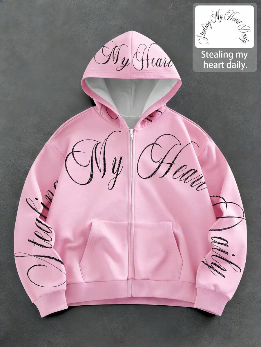 Manfinity EMRG 男士休闲时尚街头字母印花落肩宽松拉链抓绒连帽卫衣，秋冬款 - 彩色 - 查看 1