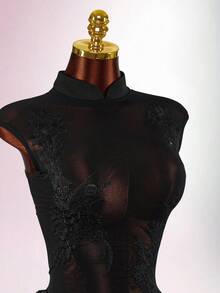 Amplova 女士薄纱花卉上衣，性感露背设计，立领，性感撩人 - 黑色 - 查看 12