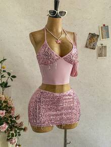 Soleia 女士度假休闲套装，春夏款 - 粉色流苏亮片吊带上衣搭配同款低腰亮片迷你裙两件套，适合海滩、邮轮、度假村等场合。 - 粉色 - 查看 1