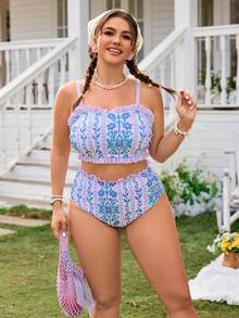 Swim Mod Conjunto de traje de baño de talla grande para mujer con tirantes finos y shorts regulares, adecuado para vacaciones en la playa, primavera/verano - Multicolor - Ver 6