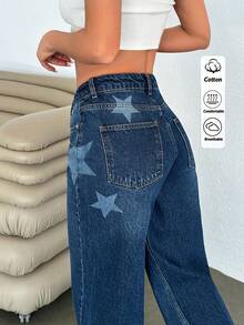 SHEIN Women Star Detail Wide Leg Denim Jeans - Navy Blue - View 1