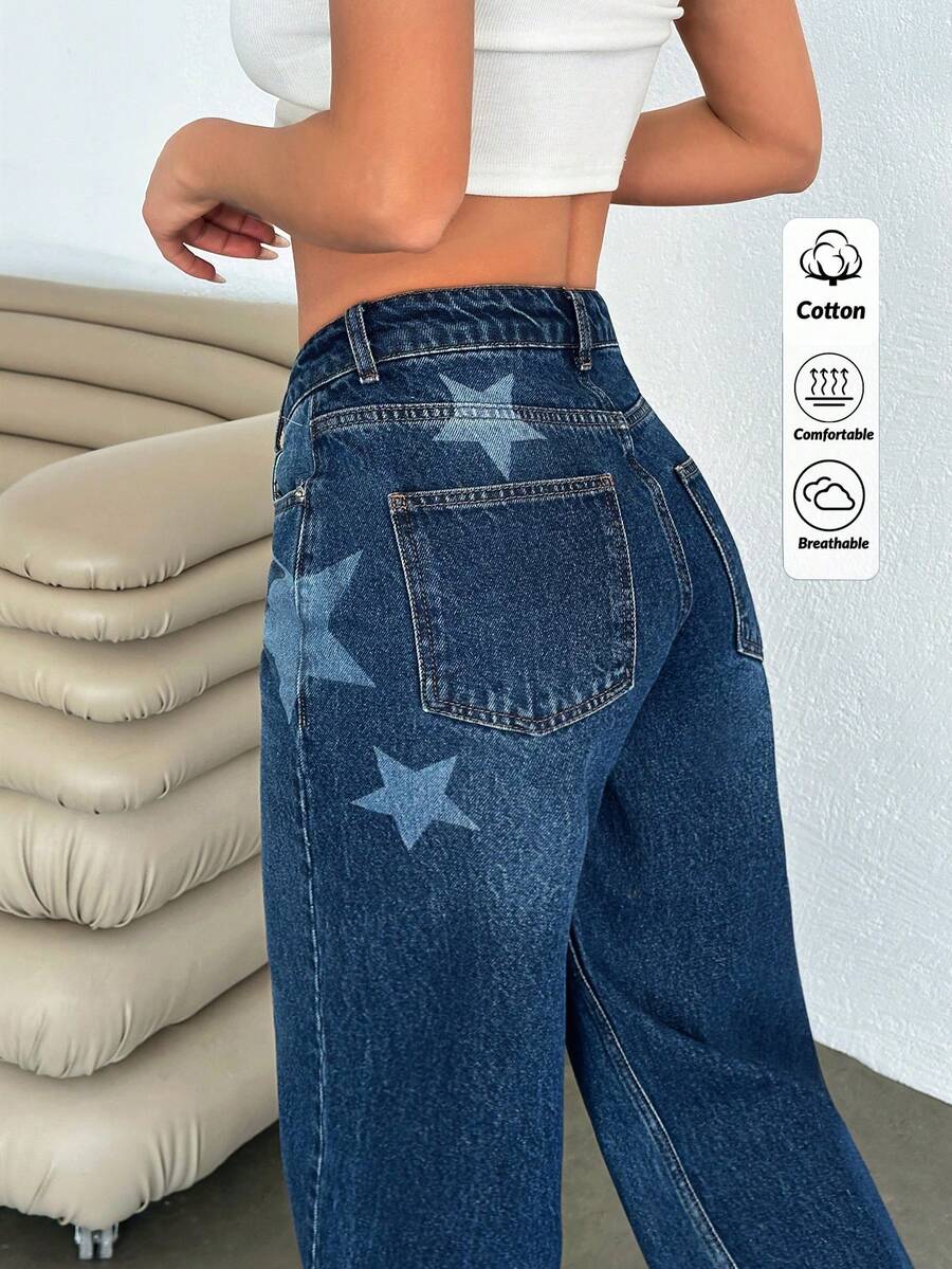 SHEIN Women Star Detail Wide Leg Denim Jeans - Navy Blue - View 1