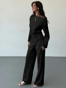 Aloruh 极简杏色办公室穿搭：女士褶皱喇叭袖衬衫 + 超长直筒阔腿裤 - 黑色 - 查看 5