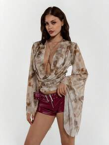 SHEIN ICON 复古印花宽松领女式上衣 - 棕色 - 查看 6