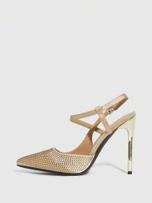 CUCCOO SZL Women's Apricot Rhinestone Embellished Slip-On High Heel Pumps Valentine's Day - Rose Gold - View 8