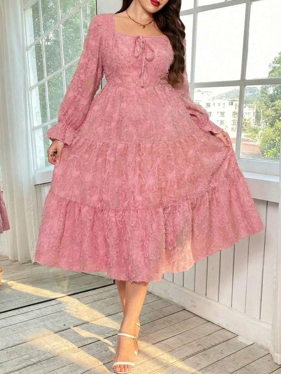 SHEIN Clasi Đầm dài tay thanh lịch, thắt eo bằng vải jacquard dành cho nữ cỡ lớn, thích hợp cho các buổi hẹn hò và tiệc tùng. - Hồng - Xem 1