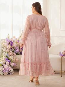 Modelyn Plus Size Women Floral Embroidery Crossover Neck Long Sleeve Waist Cinched Elegant French Style Dress - Pink - View 2