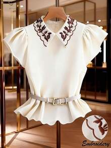 GlowEve ملابس علوية نسائية بأكمام قصيرة مطرزة على الياقة، أنيقة للارتداء اليومي والعمل والعطلات، لون المشمش، أكمام قصيرة مناسبة للربيع المبكر والخريف - لون مشمشي - مشاهدة 1