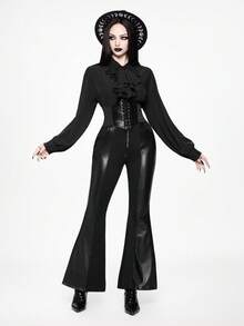 ROMWE Áo sơ mi nữ cổ bèo kiểu Gothic cổ điển cài cúc phía trước, mùa thu - màu đen - Xem 7