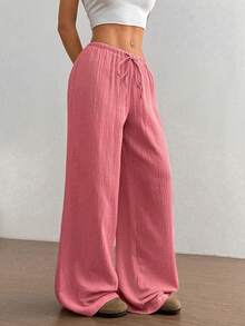 FavEase 2026夏季新款柔软棉纱休闲宽松直筒裤，低腰纯色设计，适合日常穿着和约会。 - 粉色 - 查看 3