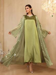 Al Najma Spring/Summer Glamorous Sleeveless Dress With Metallic Foil Embellished Flared Maxi Robe Cardigan - Green - View 6