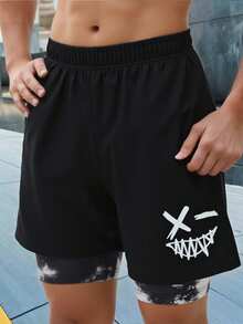 SHEIN Bolty 1 件装青少年男童图案抽绳腰网眼短裤，适合上学、春季穿着、青少年男童服装、青少年男童外套、春季返校季 - 黑色 - 查看 2