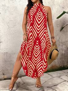 EMERY ROSE Plus Size Women Vacation Striped Casual Fashion Halter Dress - Red - View 5