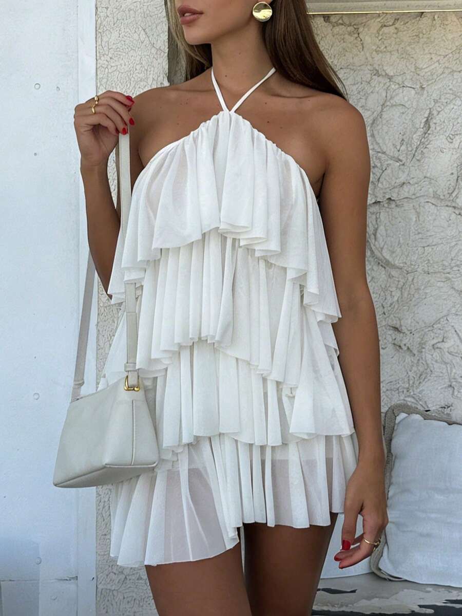 Pariaura Women's Solid Color Layered Halter Casual Mini Dress - White - View 1