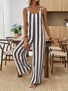 EMERY ROSE 休闲简约风条纹阔腿连体裤，适合春夏度假穿着 - 彩色 - 查看 7