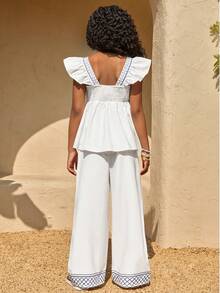 SHEIN White National Style Blue Embroidered Top & Wide Leg Pants Set, Summer Casual Holiday Tea Party Outfit, Square Collar Waist Doll Shirt For Tween Girl - Blue and White - View 2