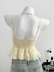 Elamini 女士休闲度假吊带背心，细肩带网纱刺绣面料，系带 - 黃色 - 查看 2