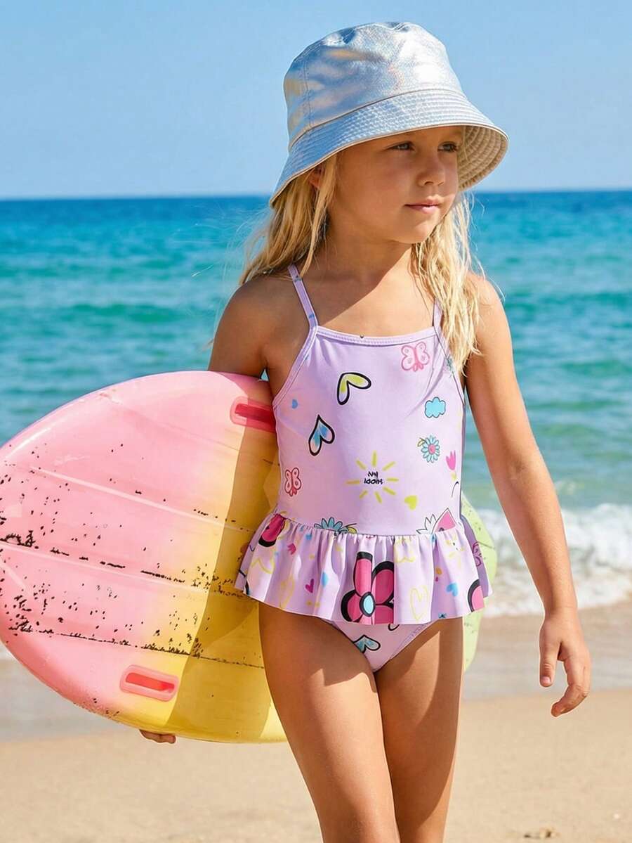 SHEIN 少女随机印花荷叶边细肩带比基尼泳衣，适合夏季海滩度假 - 白色 - 查看 1