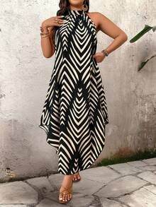 SHEIN Tall CURVE Plus Size Women Summer Zip Collar Sleeveless Striped Casual Elegant Dress - Multicolor - View 8