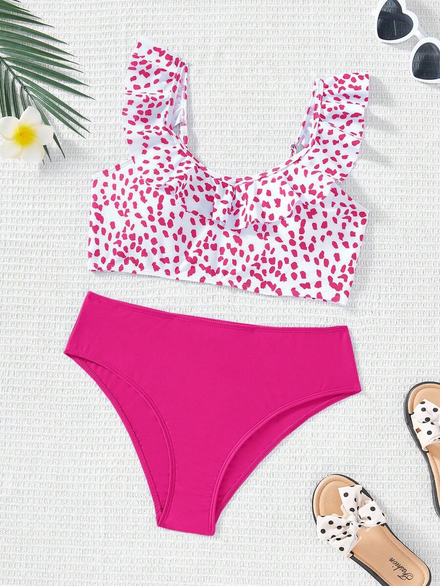 SHEIN Conjunto de traje de baño con estampado, volantes y patchwork, ideal para playa y piscina, para niña preadolescente en el Día de San Valentín - Rosa - Ver 1