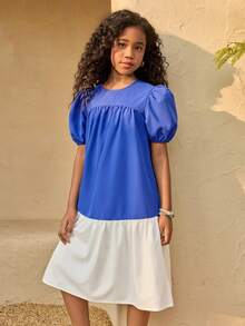 Tween Girls Casual Cute Vacation Midi Dress, Blue & White Patchwork With Bow Back, Sundress - Multicolor - View 5